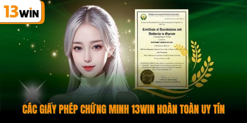 Các giấy phép chứng minh 13win hoàn toàn uy tín.